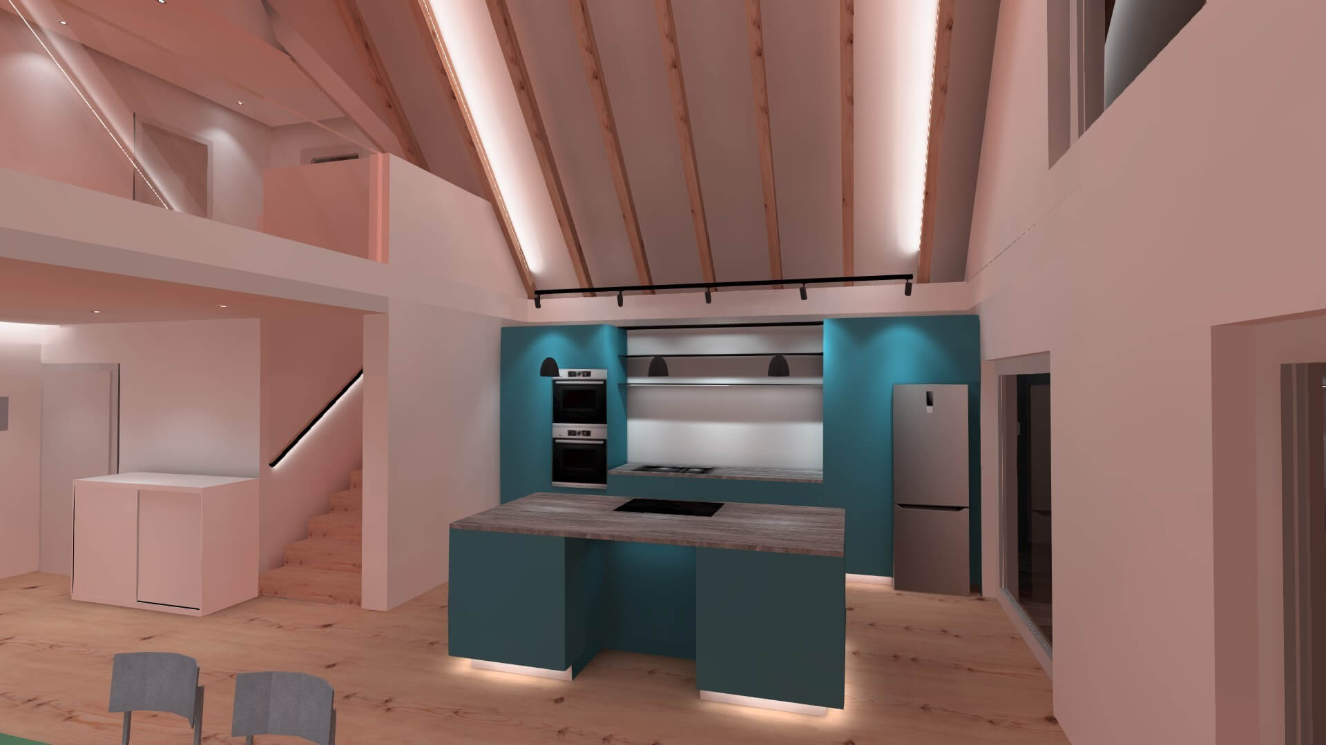 Architektenplan einer offenen Wohngestaltung mit Galerie